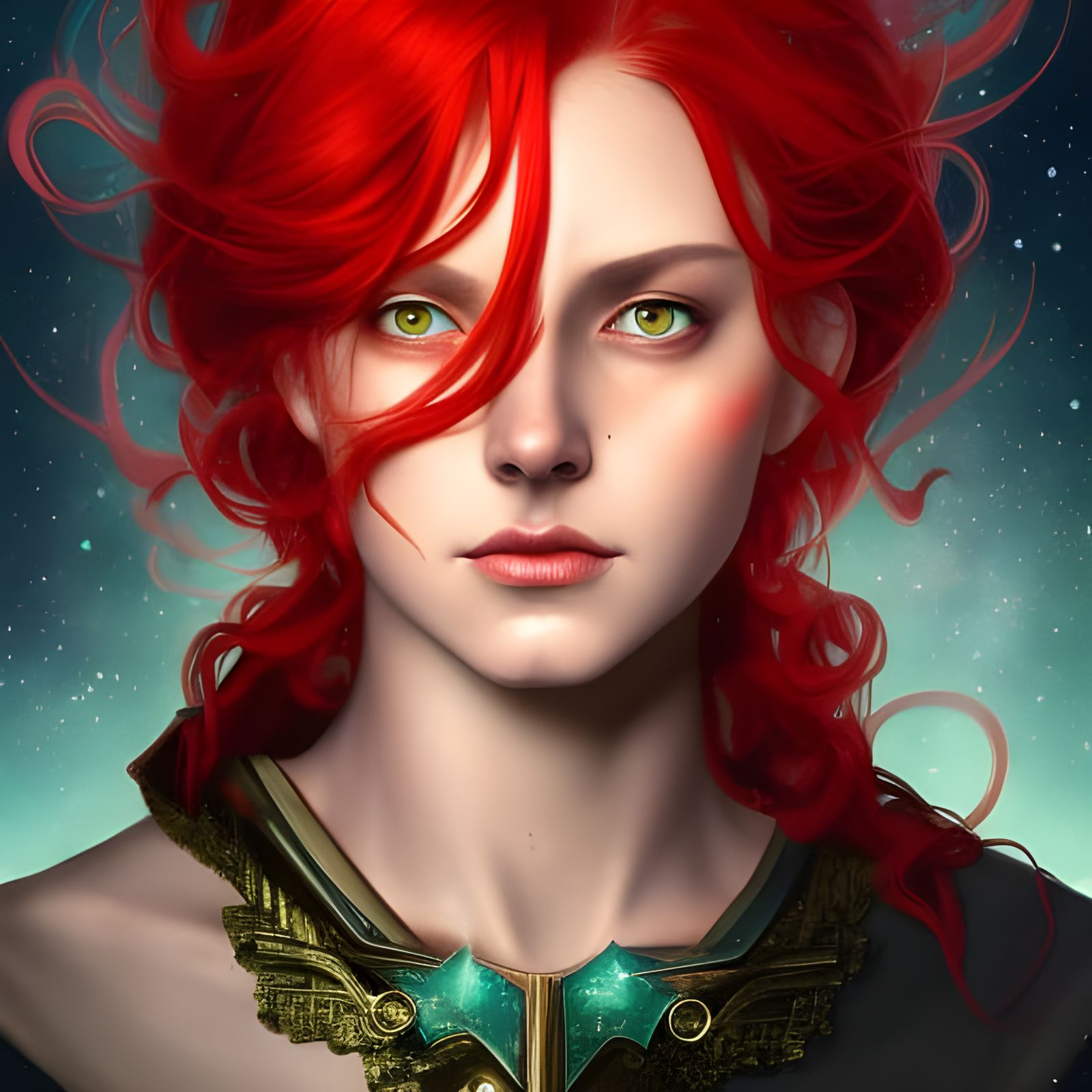 Red-Haired Witch Conjuring Lightning in Starry Sky