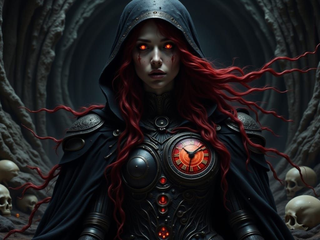 Clockpunk Vampire with Red Hair in Dark Fantasy Style