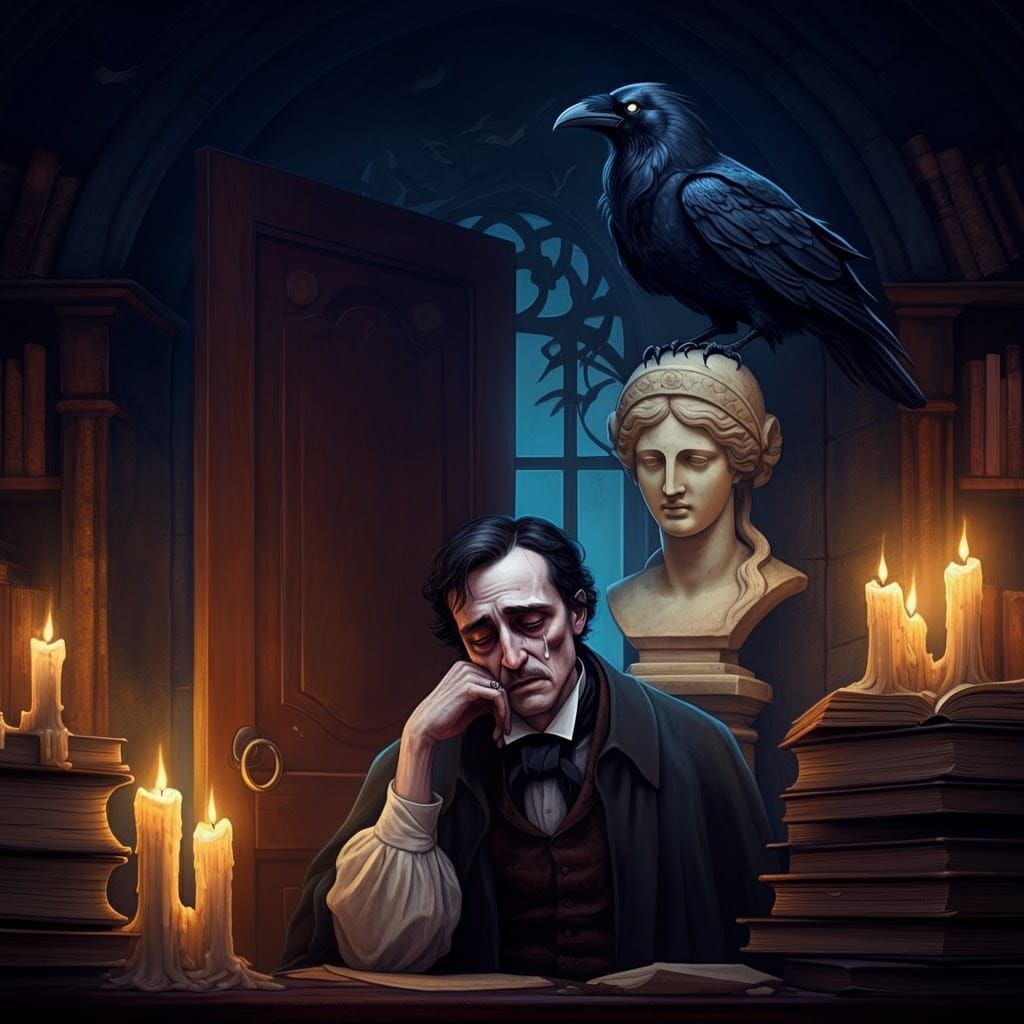 Sorrowful Scholar in Midnight Study, Haunted by a Raven's Om...