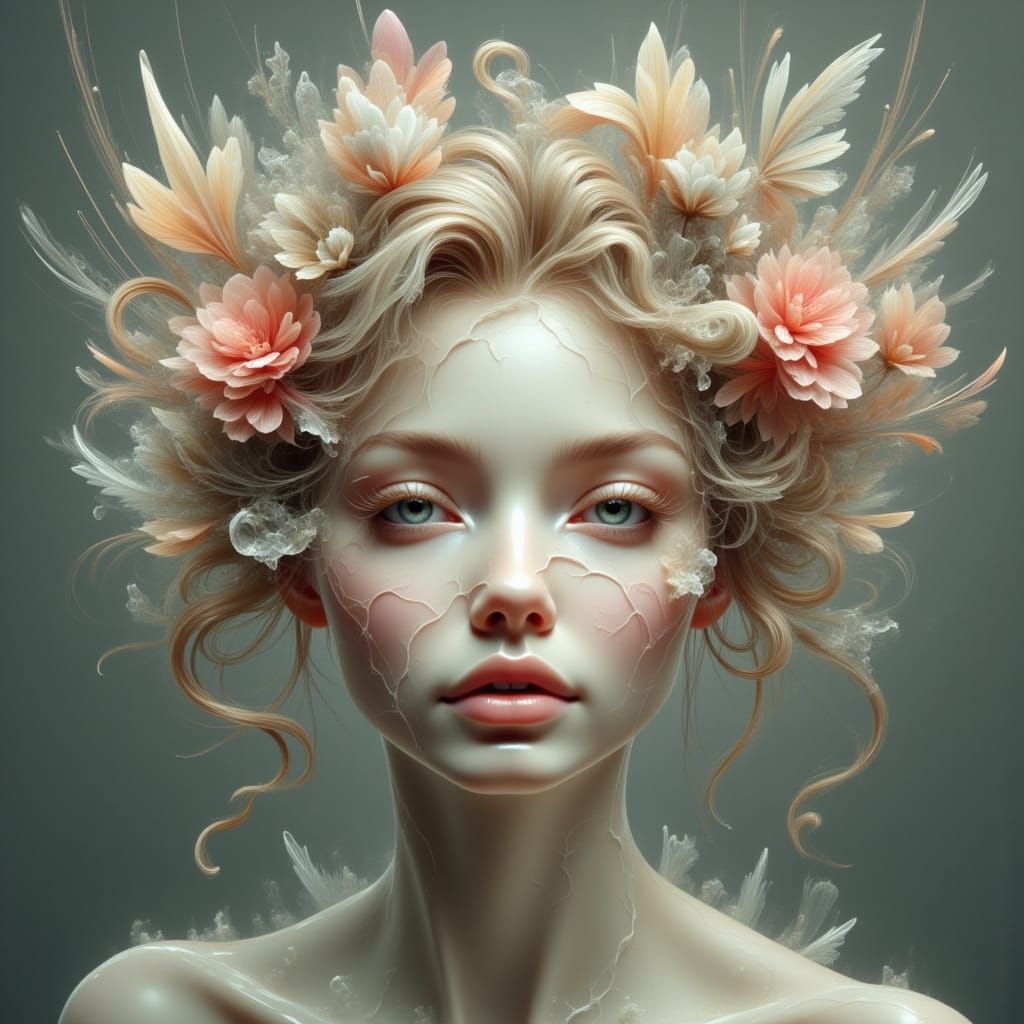 Melting Porcelain Face with Fractal Shards, in Art Film Styl...