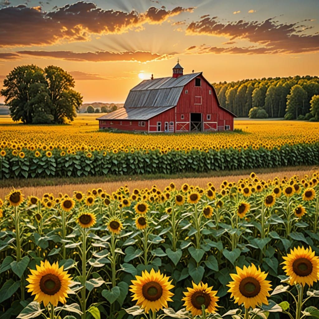 Golden Sunflowers Surround Rustic Red Barn