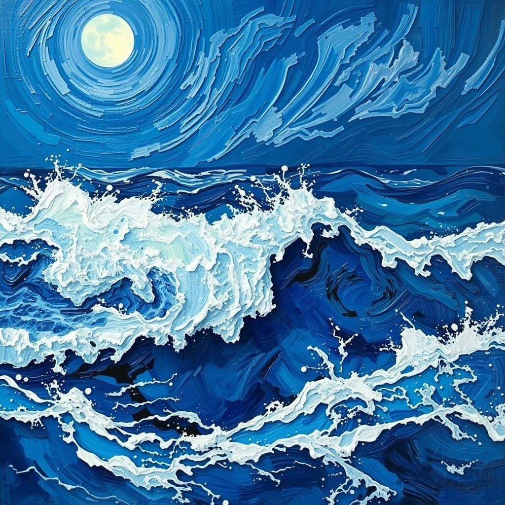 Moonlit Stormy Sea in Impasto Style