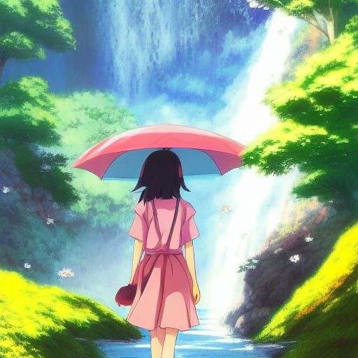 Anime Woman with Parasol by Waterfall