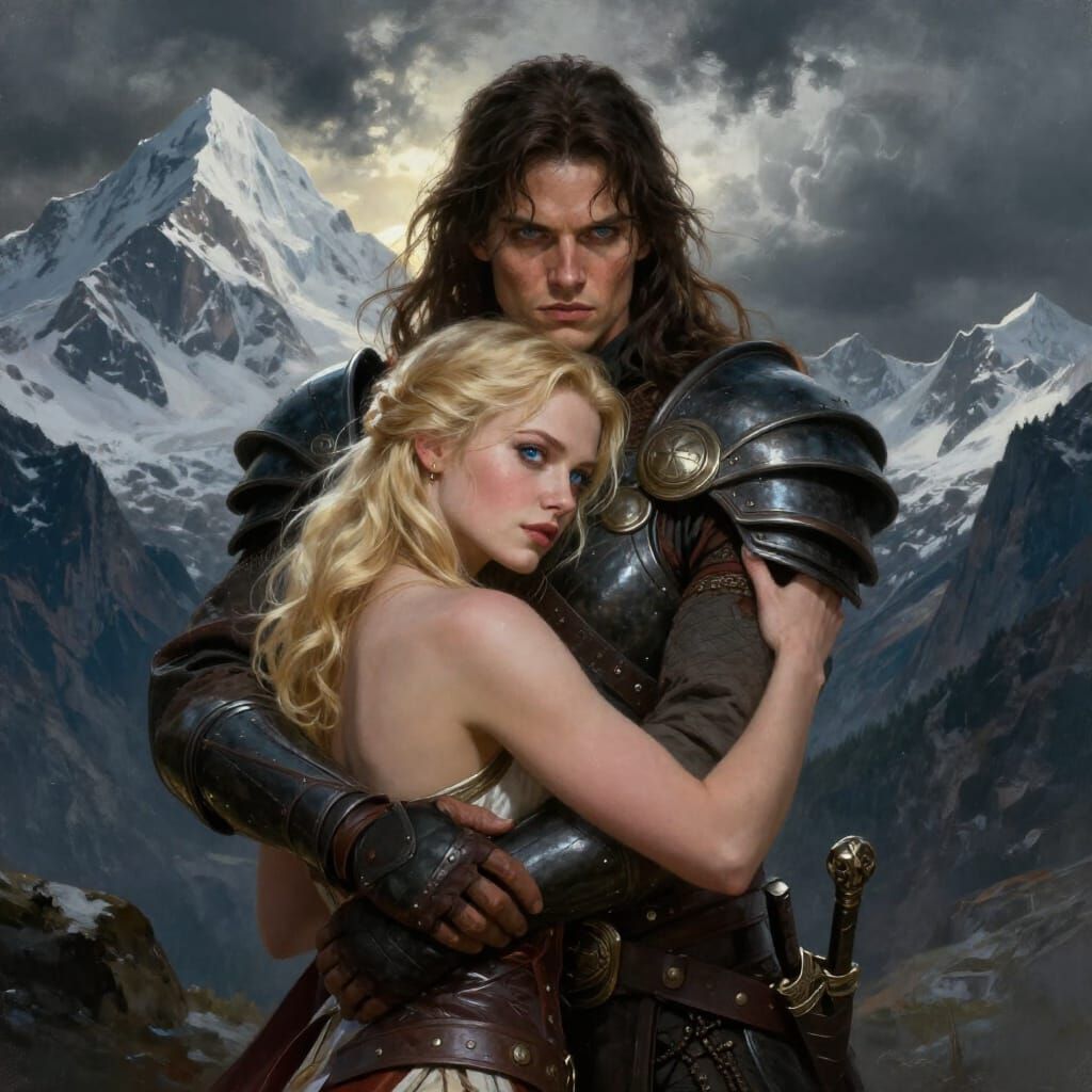 Warrior Embraces Blonde Woman Amidst Snowy Mountains