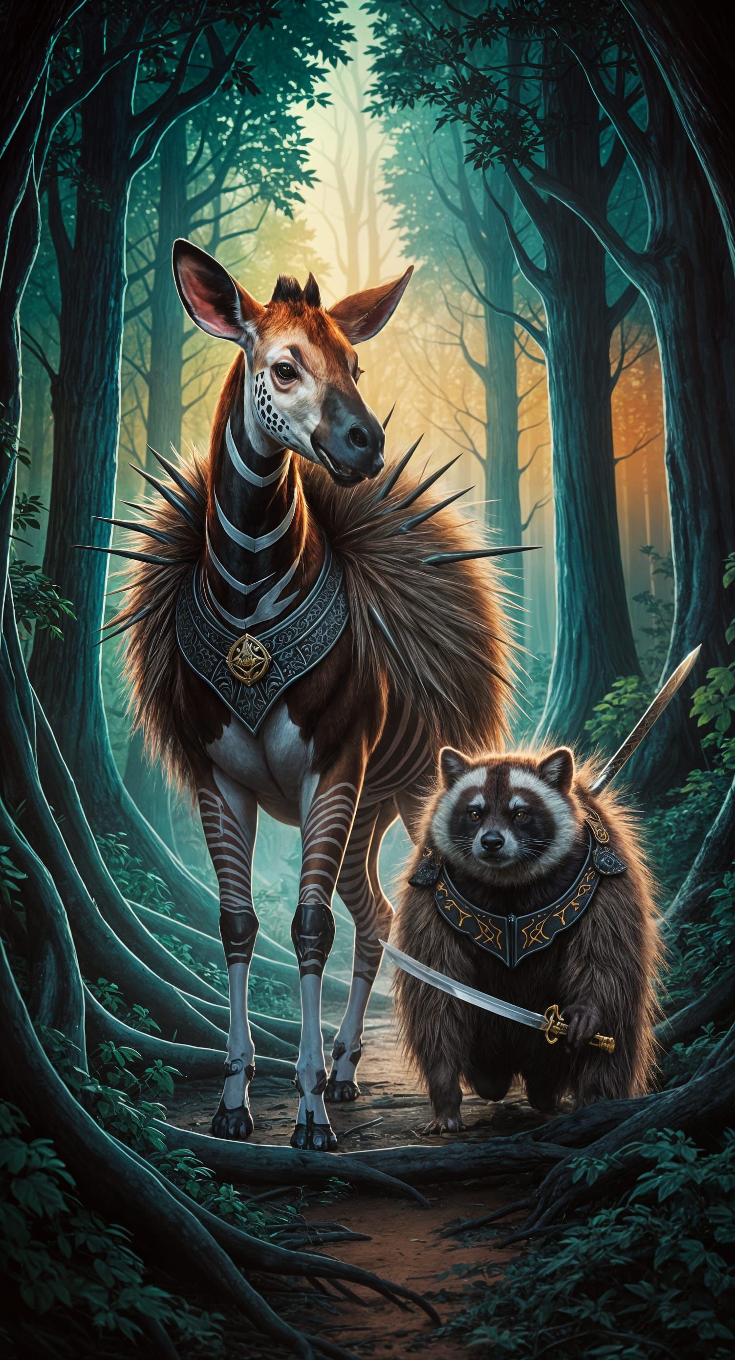 Okapi and Binturong Ninja Warriors in Enchanted Forest