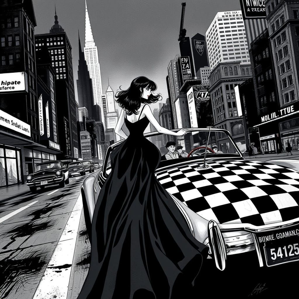 Monochromatic Girl Driving a Vintage Car