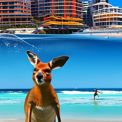 Kangaroos on Bondi Beach: Hyperrealistic Splash Art