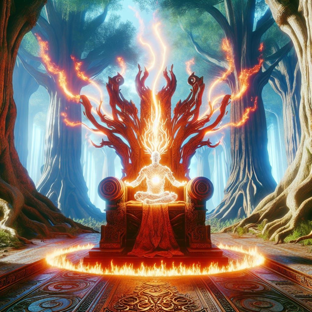 Radiant Forest Being on Fiery Throne