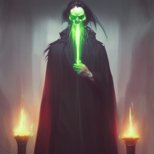 Dark wizard with haunting Green aura around him& dark wizard vibes& evil vibes& necromancy vibes& Slytherin vibes& sinis...