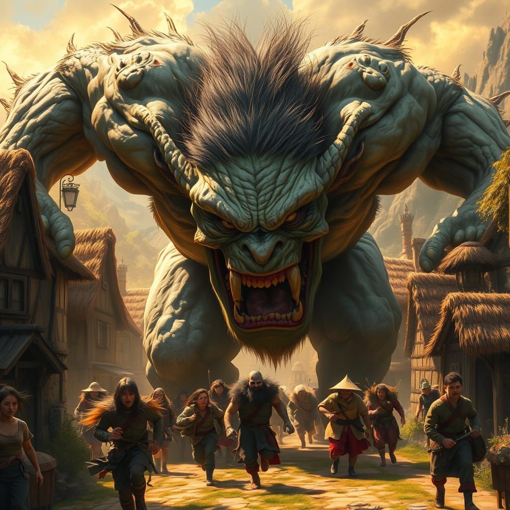 Terrifying Troll Rampage in Village: Dramatic Fantasy Art