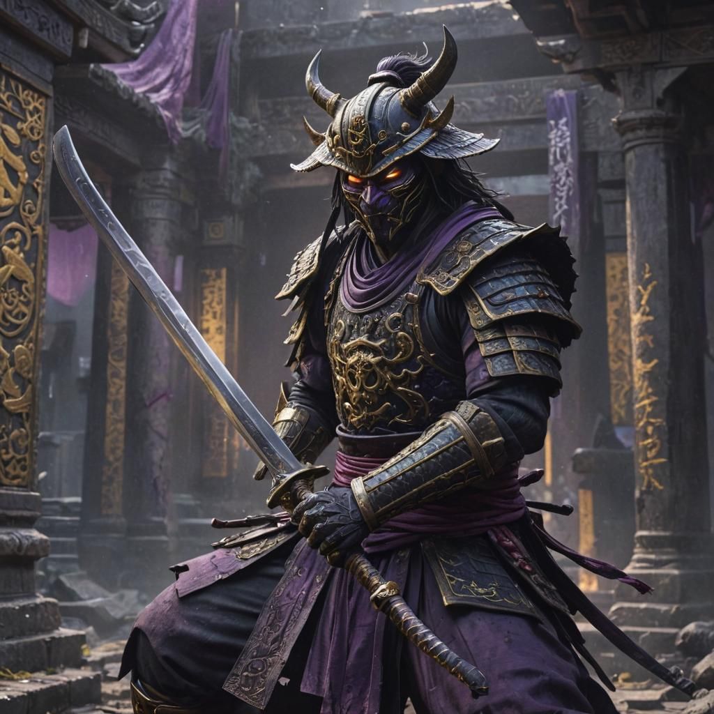 Possessed Samurai in Mystical Temple: Dark Fantasy Art