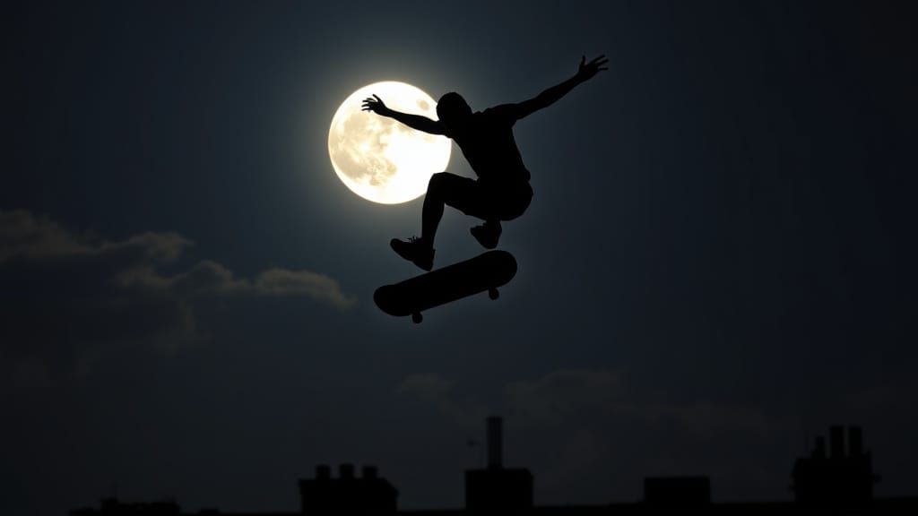 Silhouette of Skateboarder Under Full Moon at Night