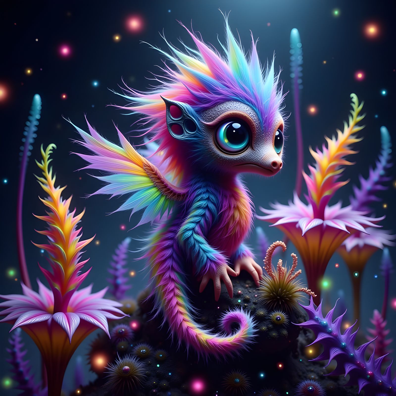 Iridescent Seahorse with Wings, Perched on Neon Plants in a ...