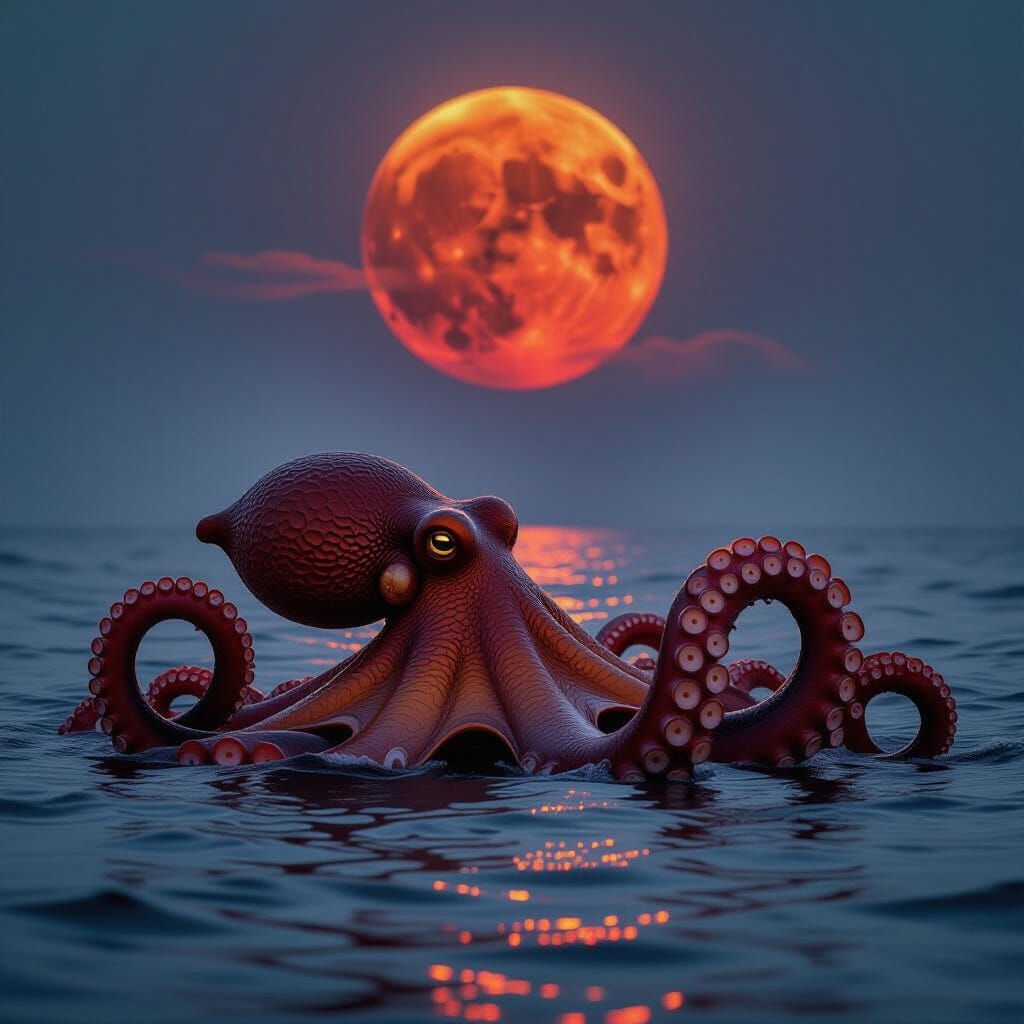 Giant Octopus Emerges Under Blood Moon