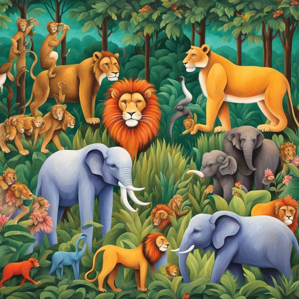 Wildlife Scene in Naive Style with Vibrant Forest Animals