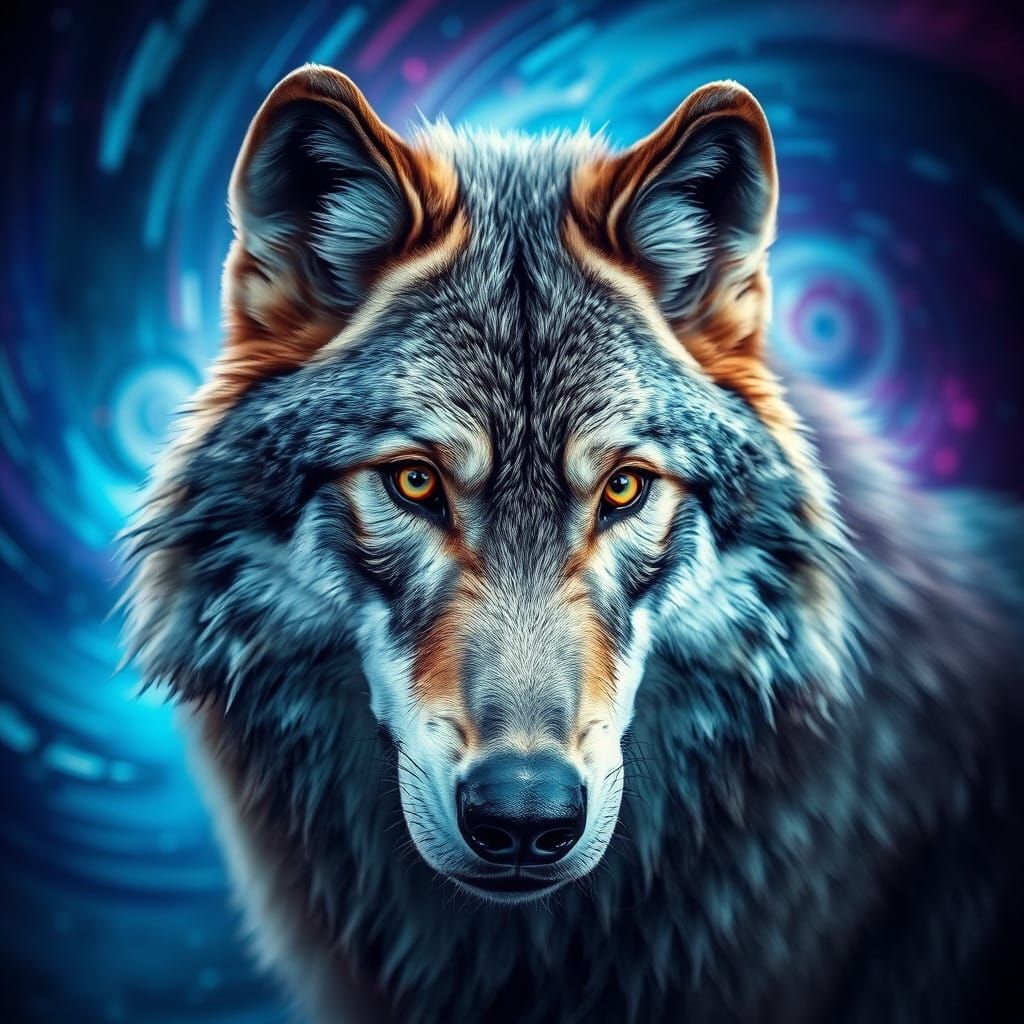 Majestic Hyperrealistic Wolf in a Swirling Vortex of Blues a...