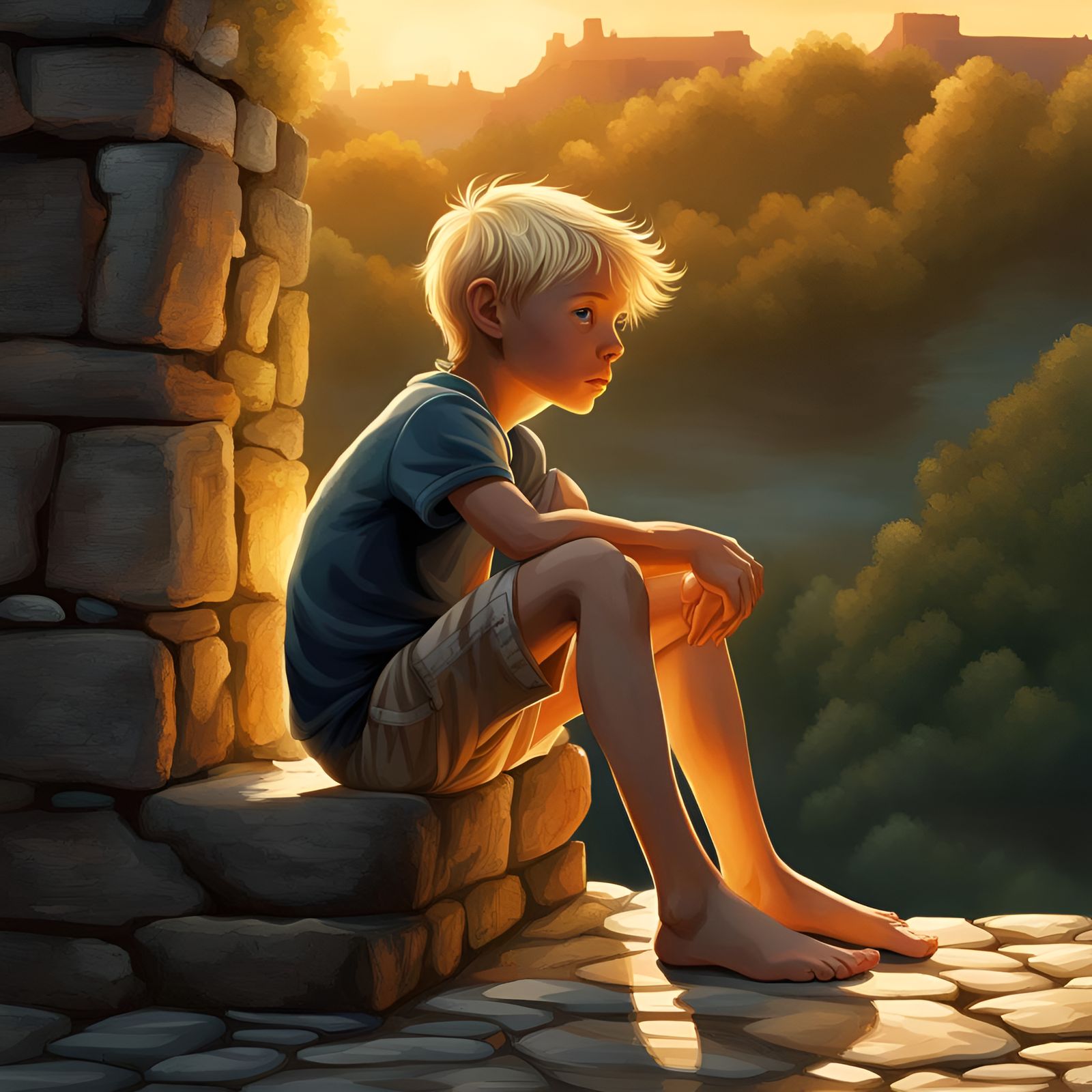 Boy on Stone Wall in Golden Hour: Digital Matte Painting