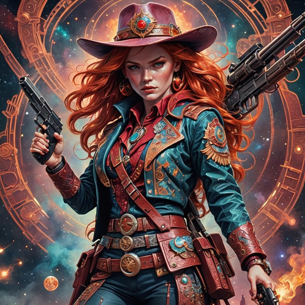 Redhead Gunslinger in Astral Cosmic Illustration