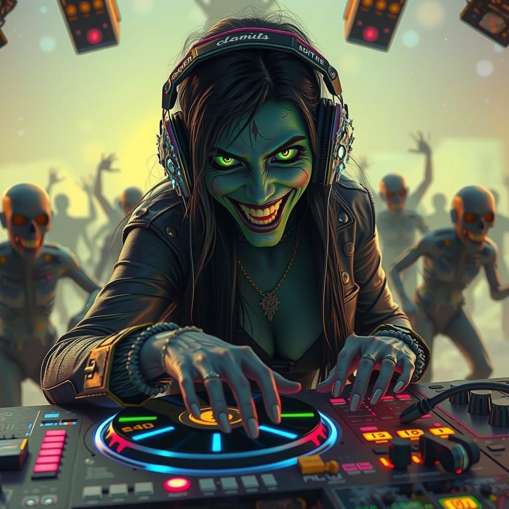 Zombie DJ Spins in Icy Neon Landscape, Hyper-Realistic