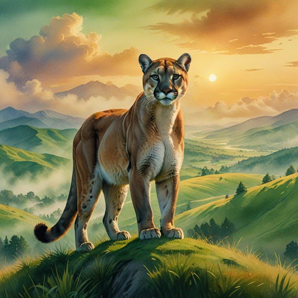 Cougar on Misty Hill in Dreamy Watercolor Style