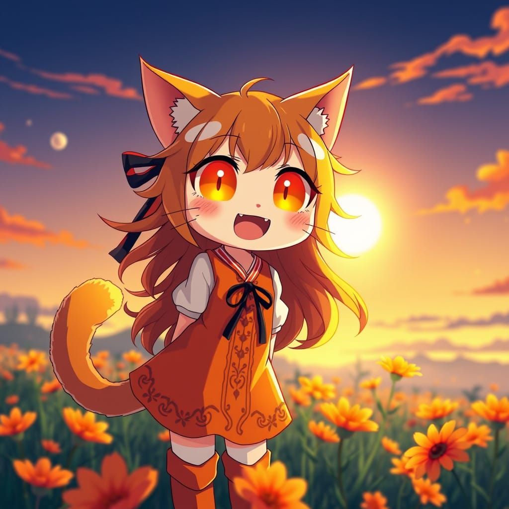 Radiant Orange Catgirl Soars in Sunset Field