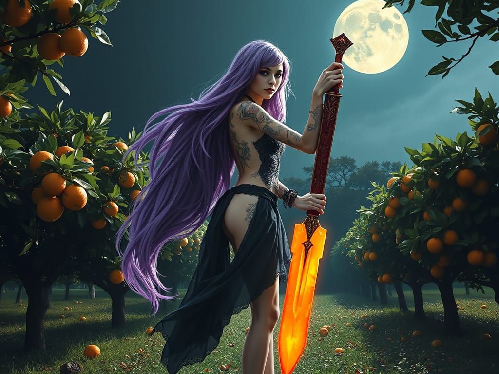 Ethereal Gothic Fairy in Moonlit Orange Grove
