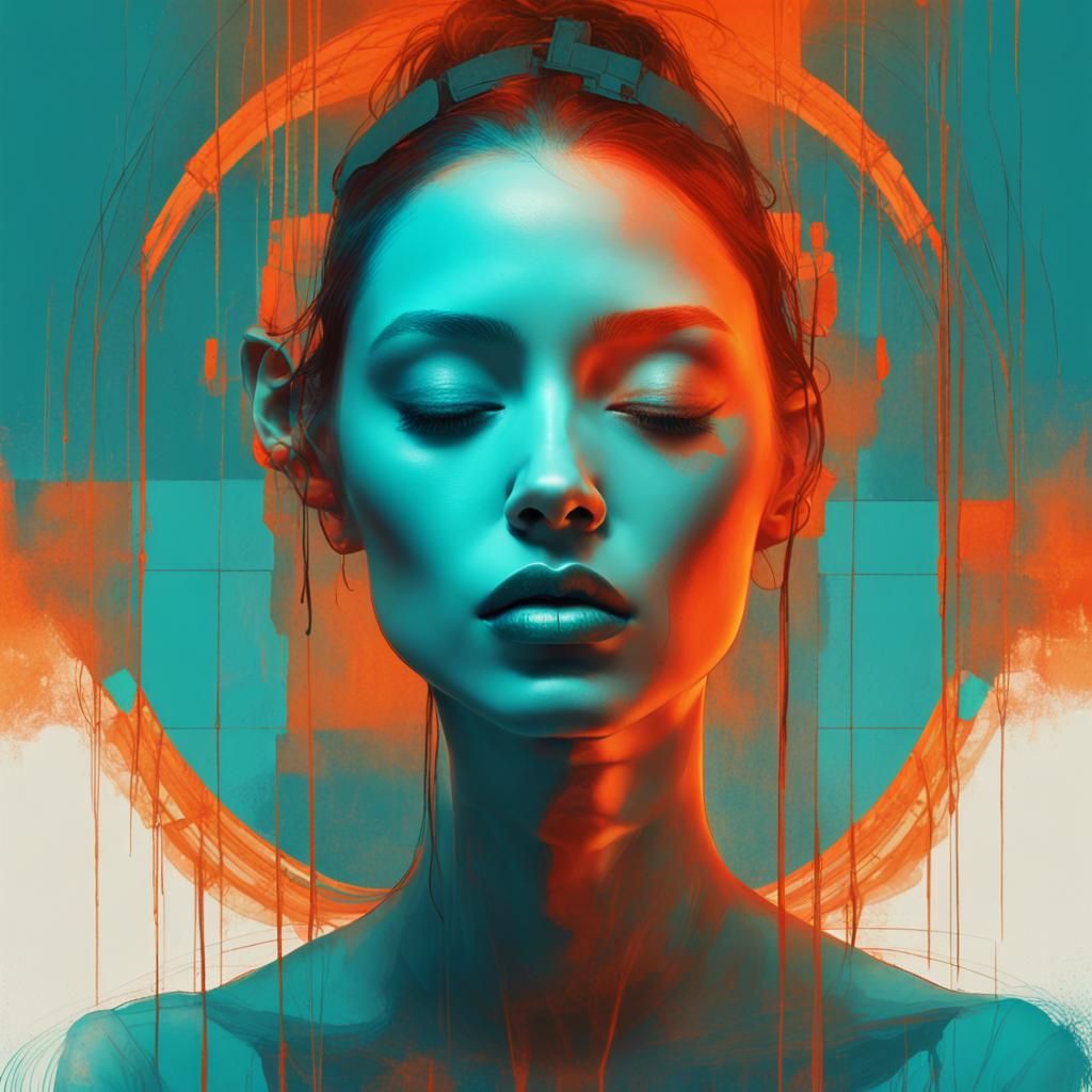 Blue Woman in Surreal Neon Dreamscape