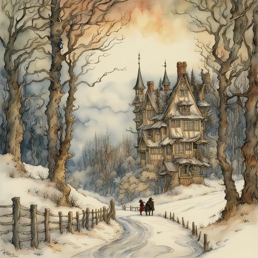 Winter Watercolor Painting in Arthur Rackham Style