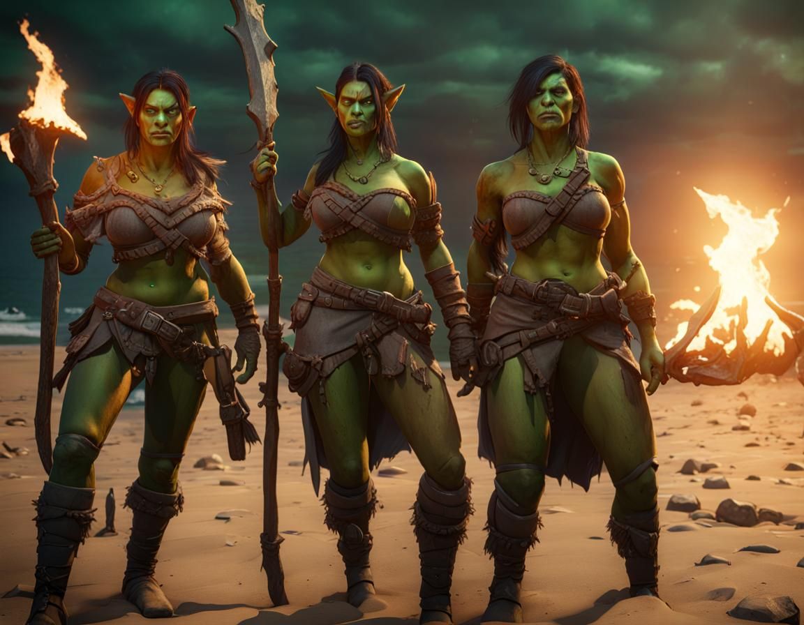 Female Orc Hunters Celebrate Victory on Burning Beach