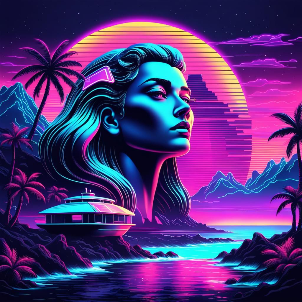 Synthwave Ocean in Neon Retro Style
