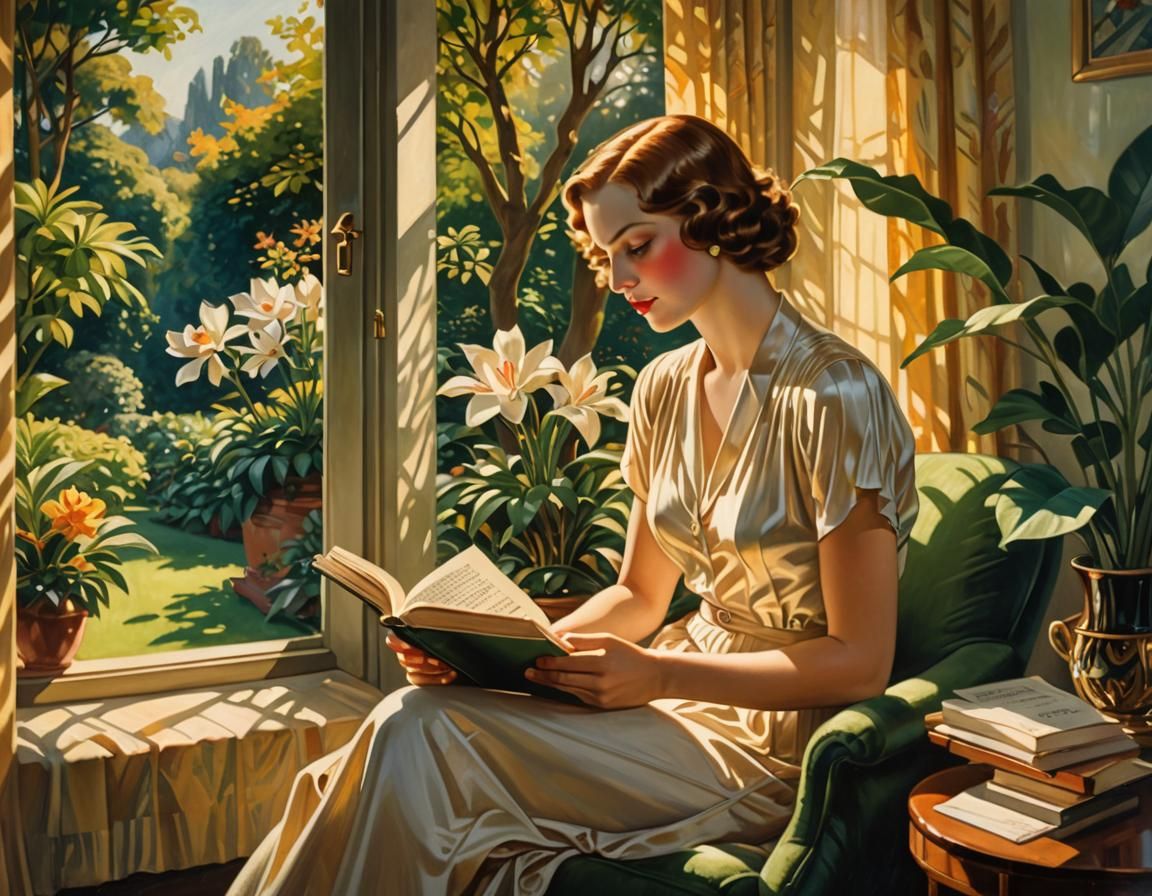Art Deco Woman Reading in Sunlit Room