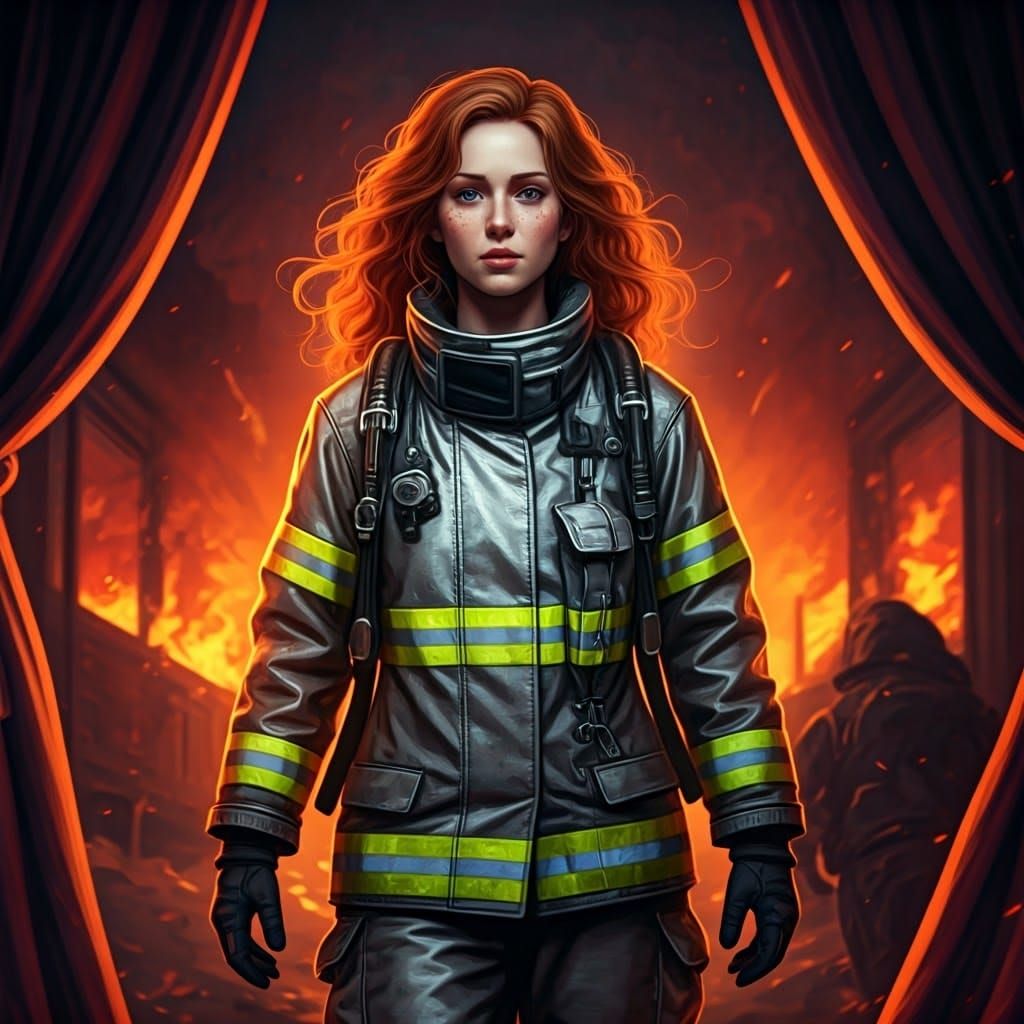 Fiery Rescue: Woman in Burning Building, Digital Art