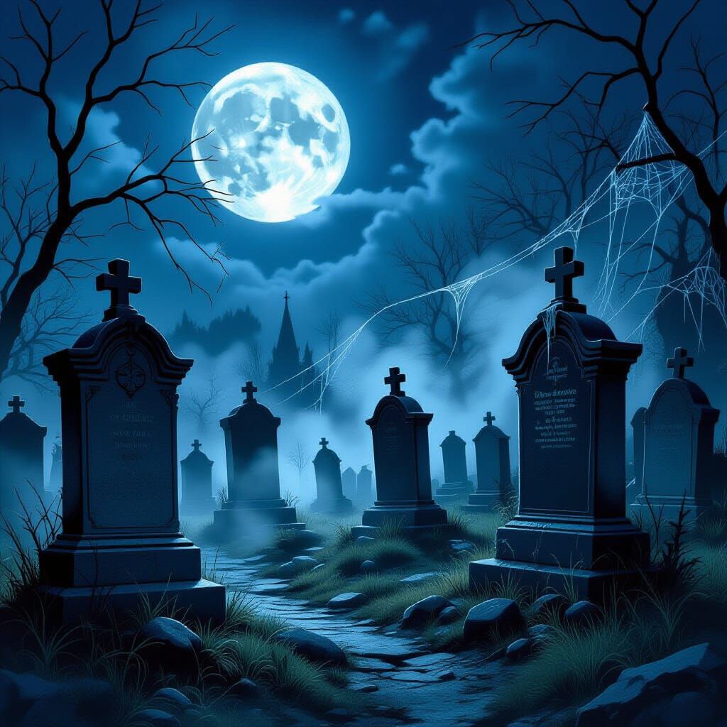 Midnight Cemetery Mist Under Full Moon