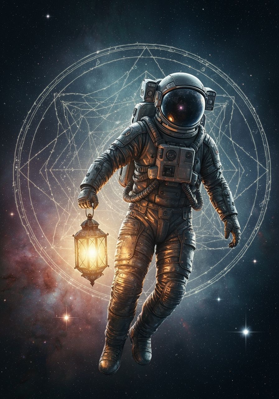 Astronaut Holds Glowing Lantern in Cosmic Nebula