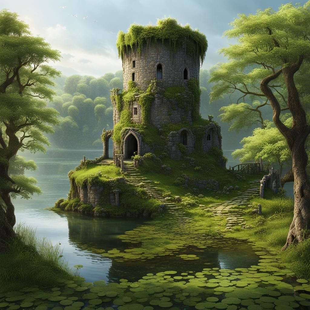 Medieval Wizard Tower on Island Lake, Detailed Matte Paintin...