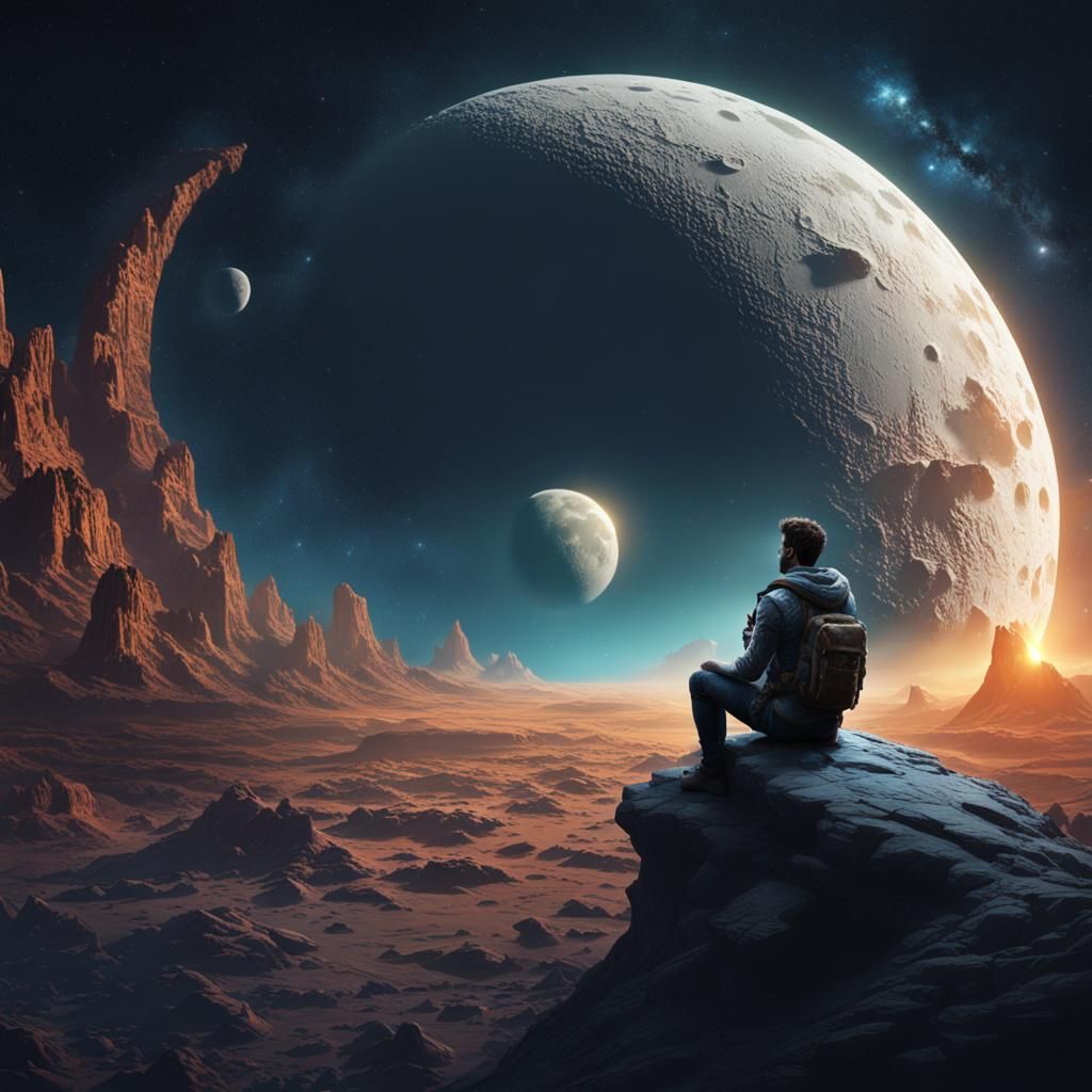 Man Sitting on the Moon in Detailed Matte Painting