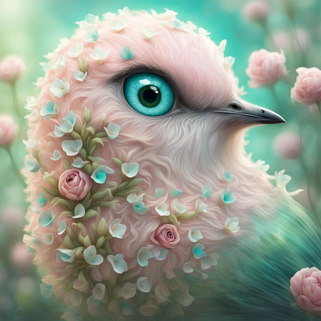 Sweet Lovable round  bird made of light jonquil pale rose light green petals, Large Turquoise eyes, breathtaking fantasy...