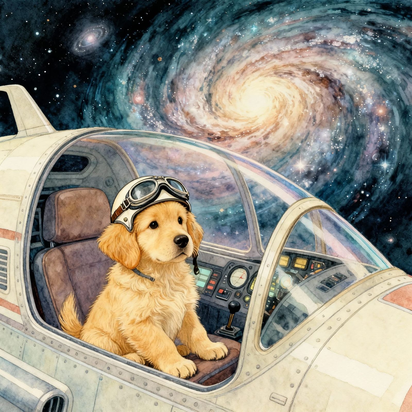 Golden Retriever Pilot in Retro Spacecraft