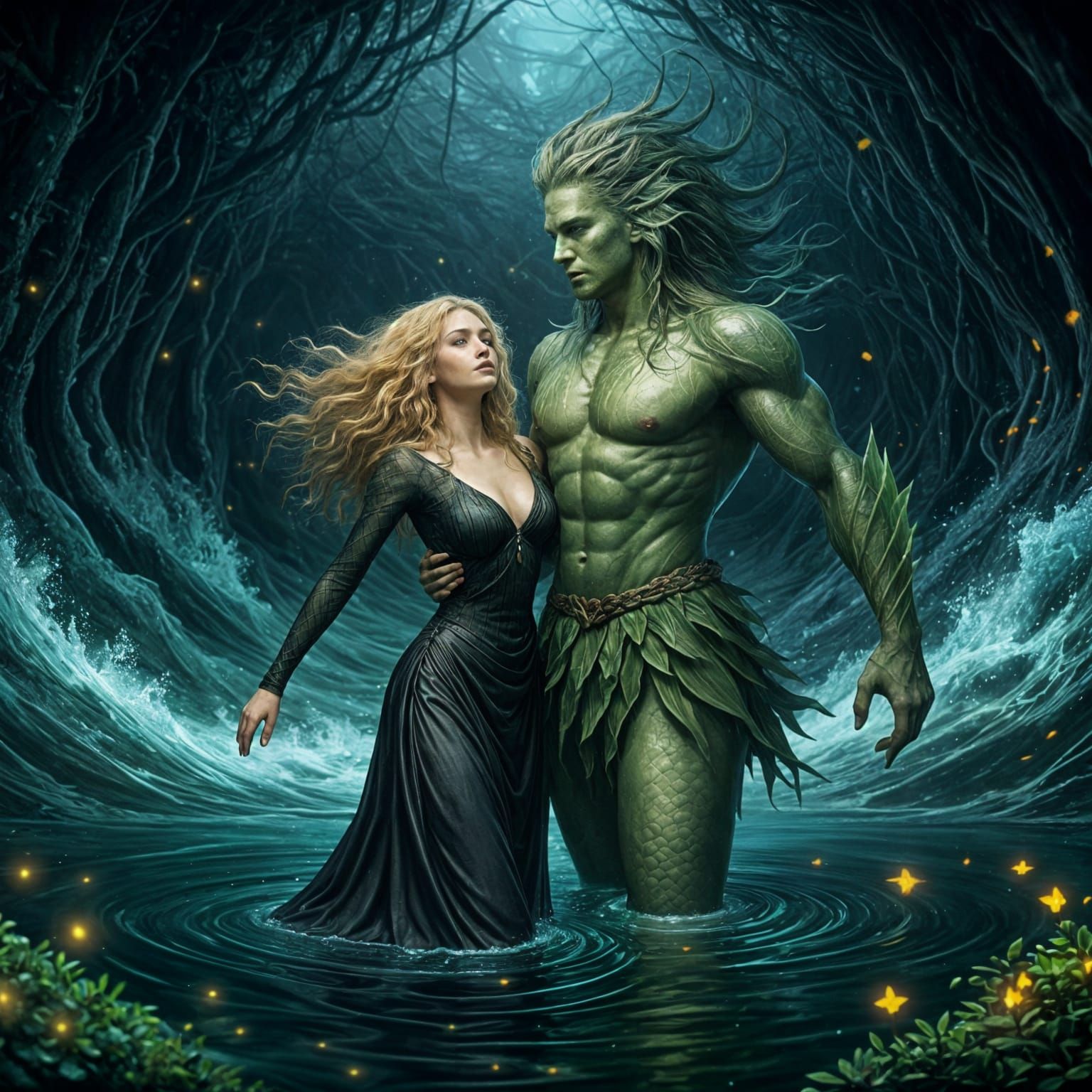 Surreal Scene of Drowning Woman Rescued by Mythical Water Ma...