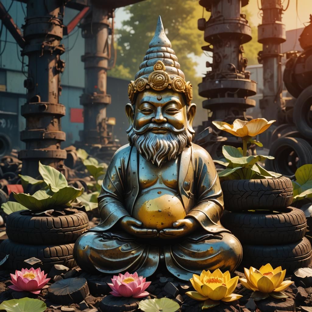 Gnome Buddha in Junkyard, Pop Art Style