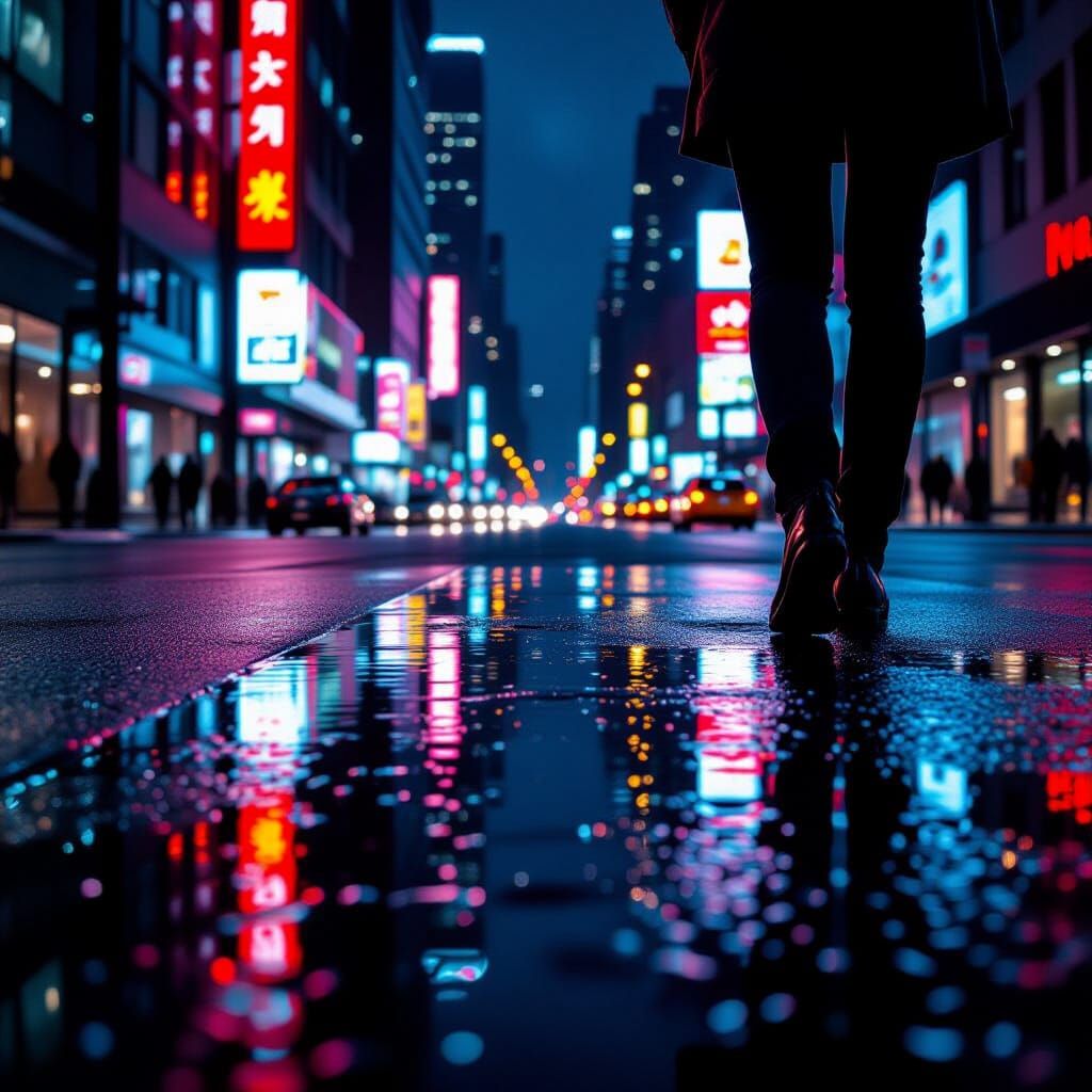 Neon Reflections on Wet City Sidewalk