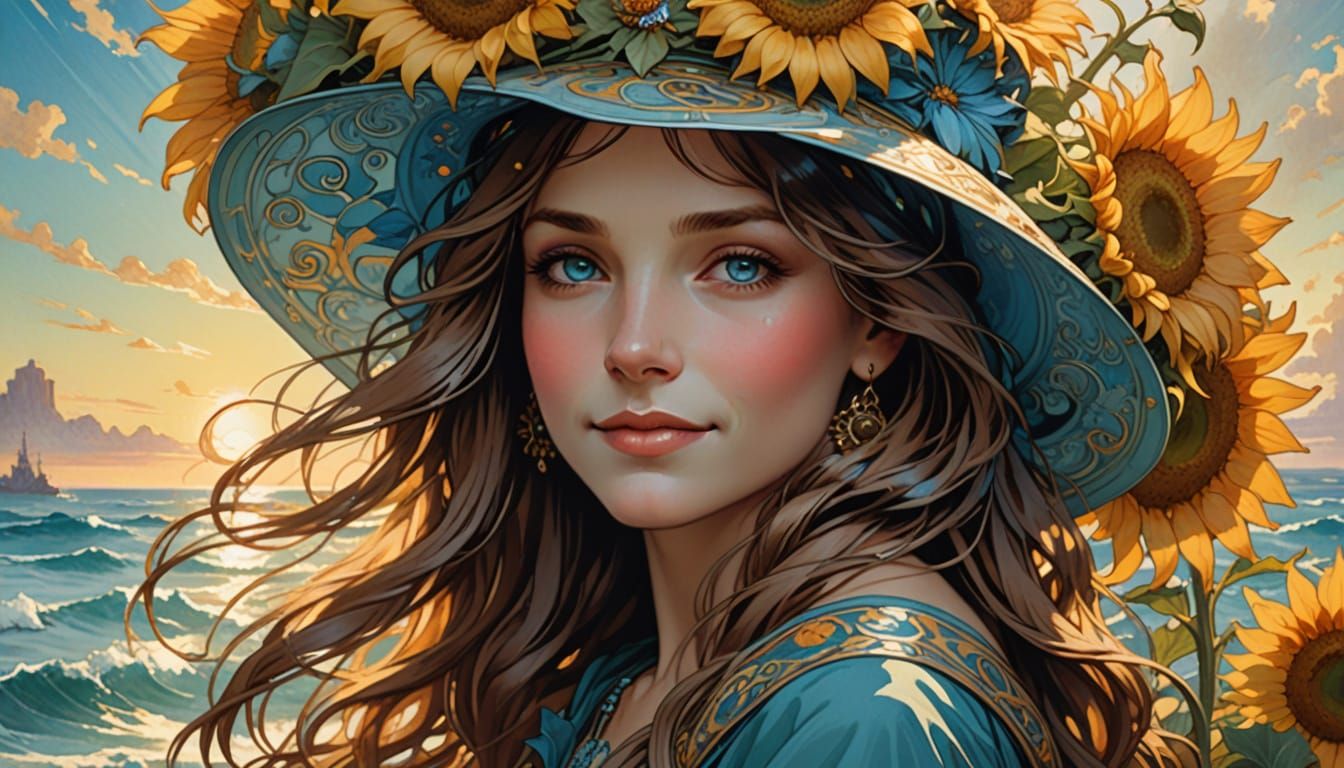 Woman with Sunflower Hat and Blue Eyes in Dynamic Lighting