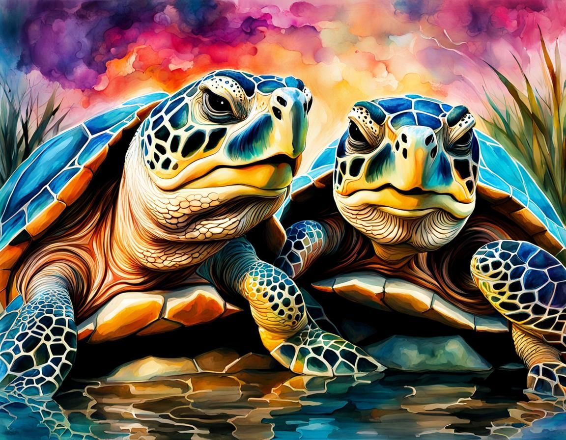 Humorous Turtles at Sunset in Watercolor Style