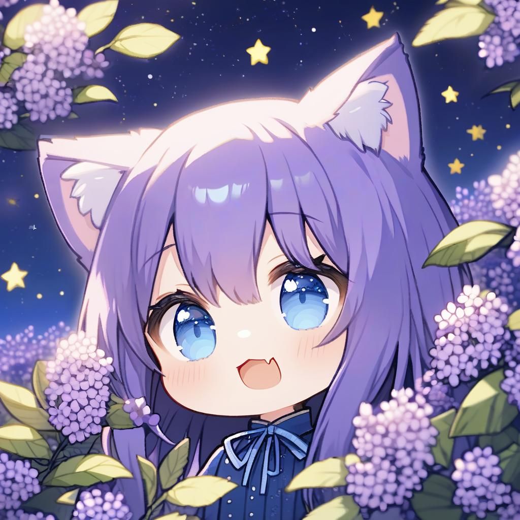 Adorable Chibi Catgirl with Purple Hair in Starry Night