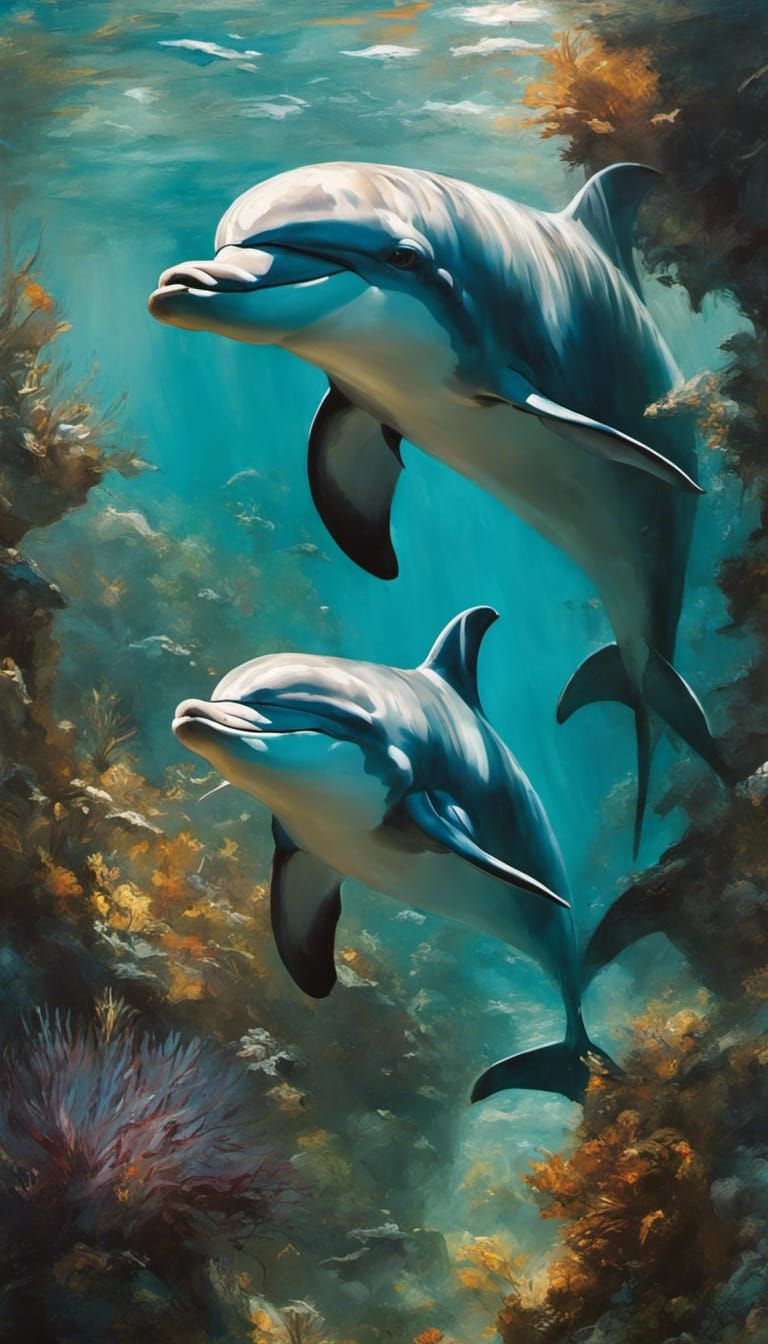 Artistic Dolphin Portrait in Reflected Ocean - Oil Painting