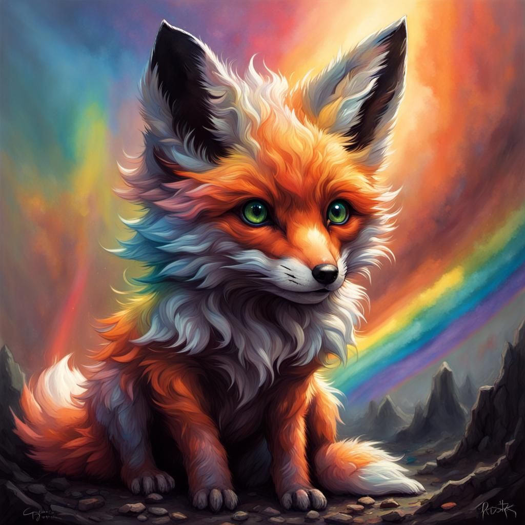 Fox Pup with Rainbow Halo in Horror Style