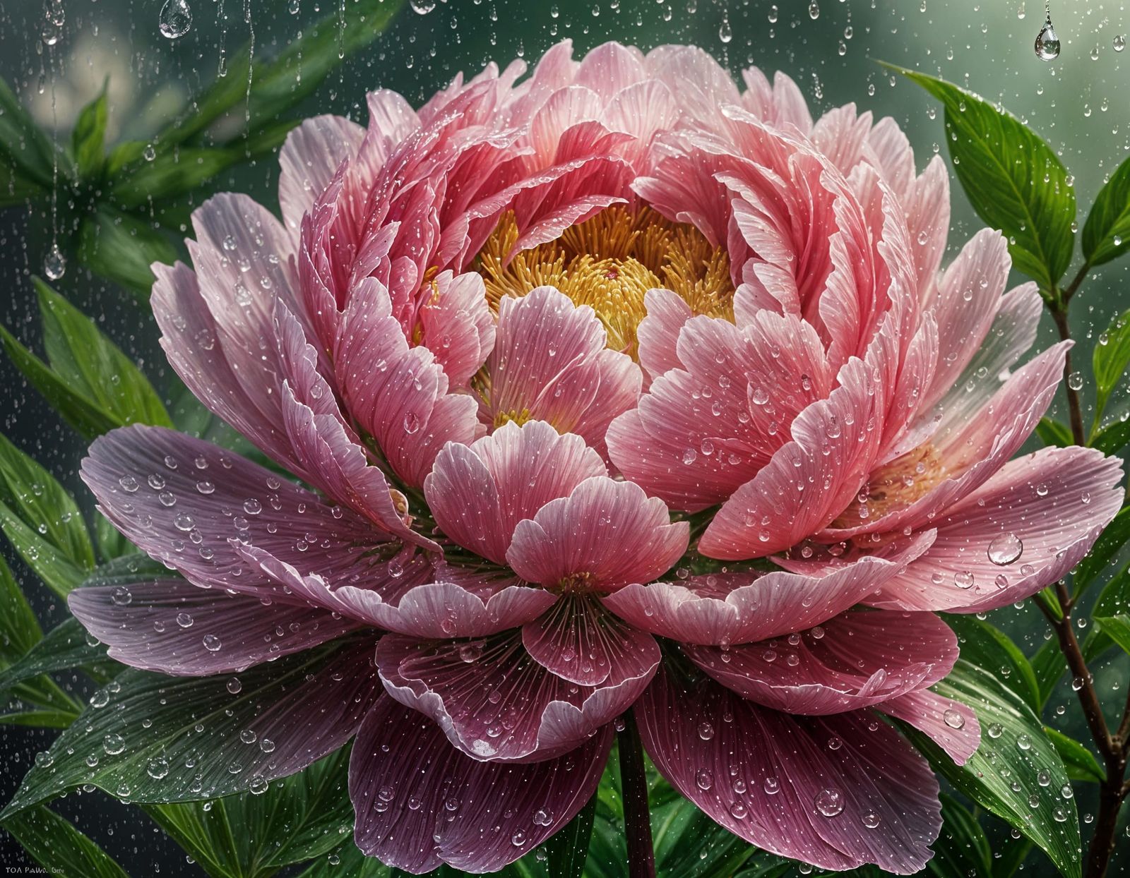Glass Peony with Raindrops in Hyperrealistic Splash Art