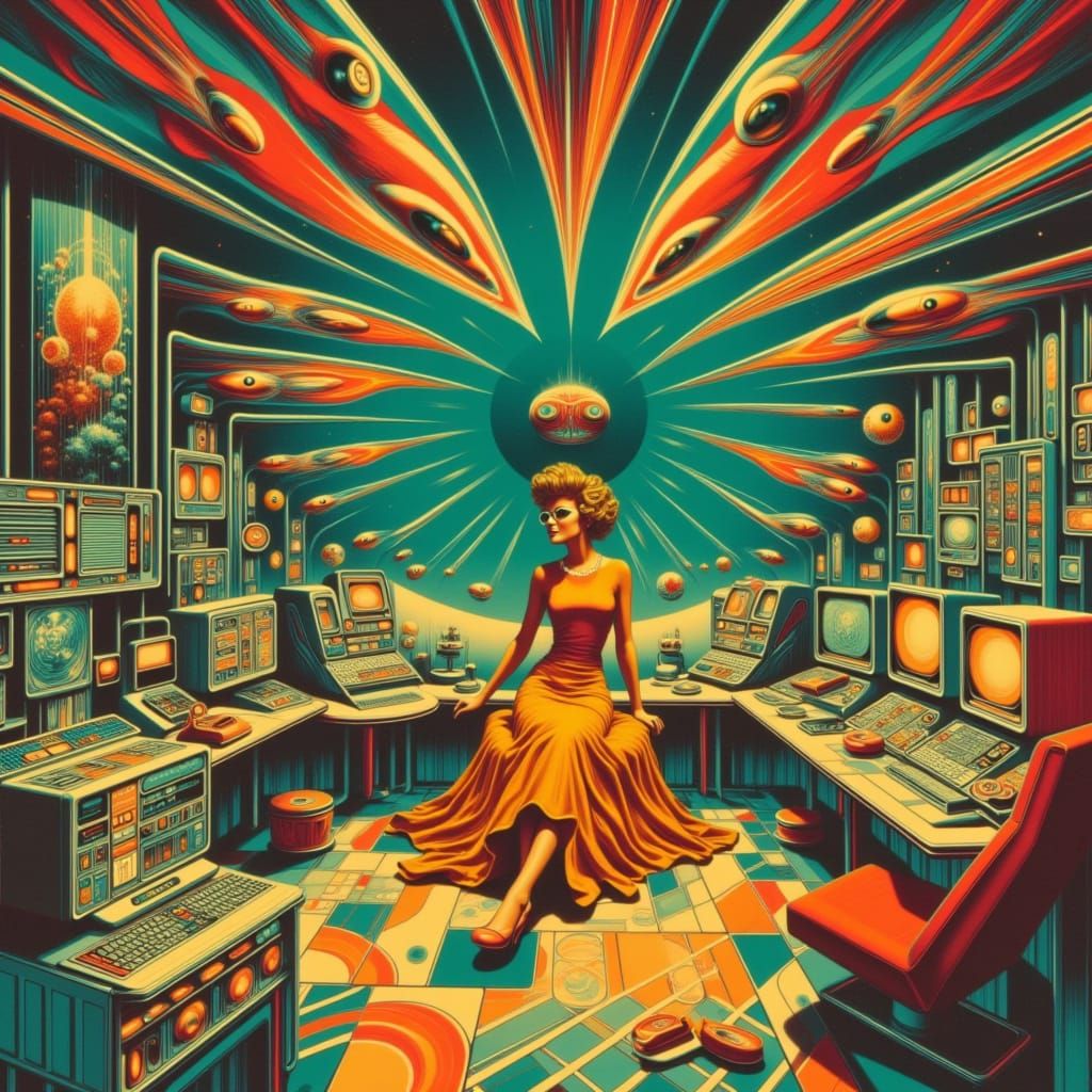 Retro-Futuristic Mind Probe in Smoky 1960s Room