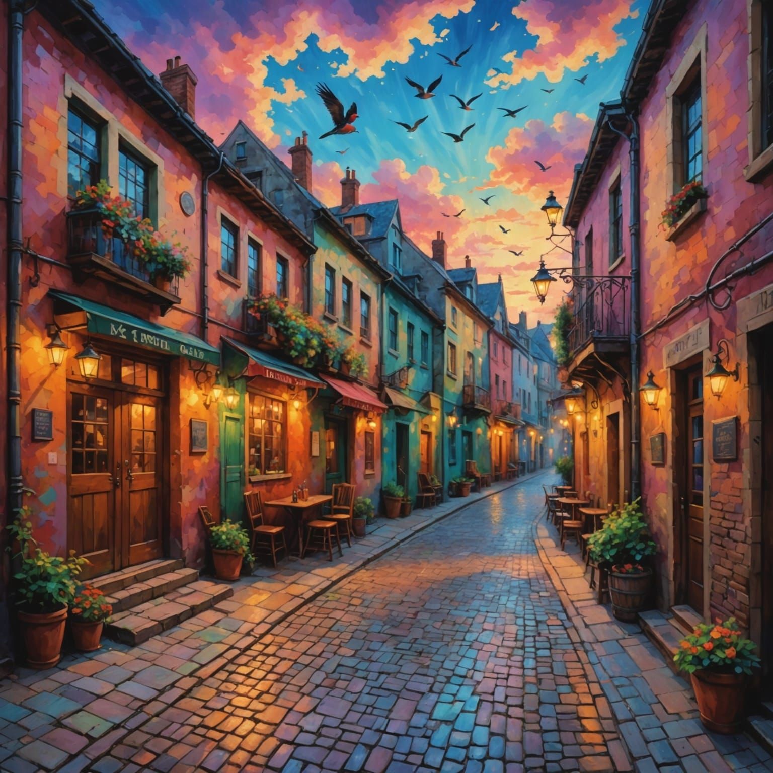 Cozy Tavern Alleyway with Holographic Clouds