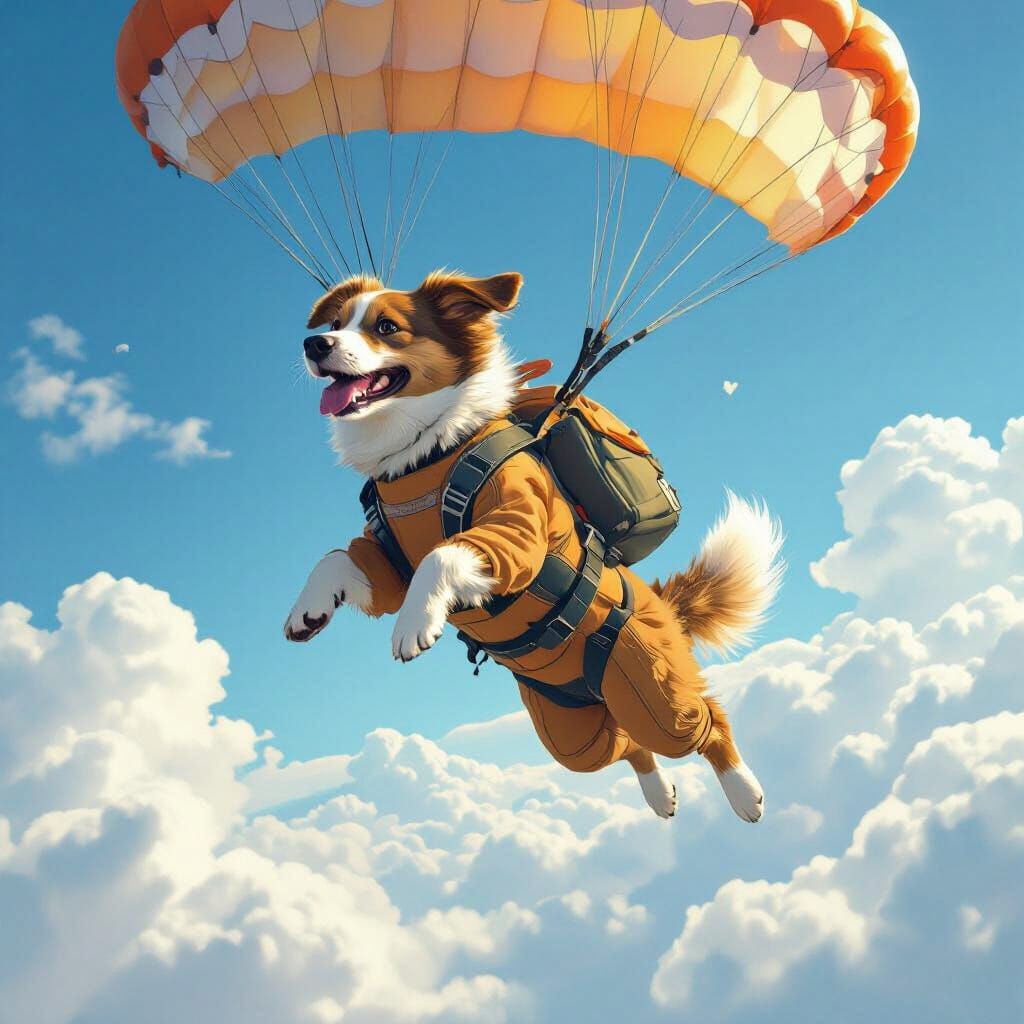 Dog Parachuting in Blue Sky as Digital Illustration